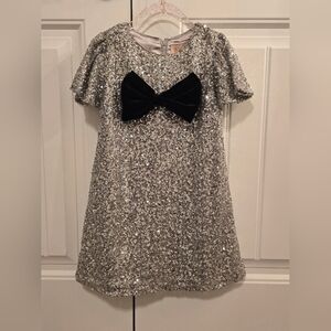 Girls Silver Sequin Party Dress with Black Bow